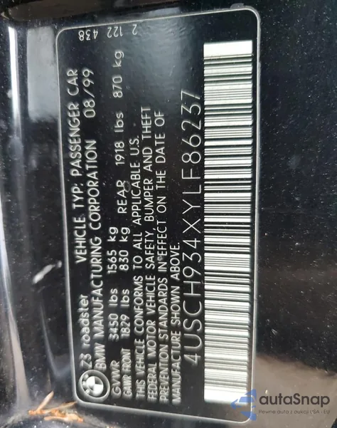 2000 BMW Z3 2.3 из США, поврежденный, VIN 4USCH934XYLF86237